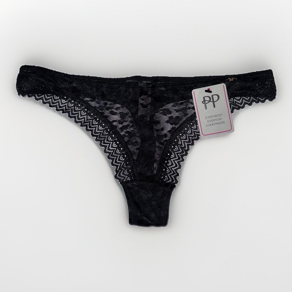 NWT Pretty Polly Graphic Leopard Mesh Lace Thong Black Womens Small LPAWQ4